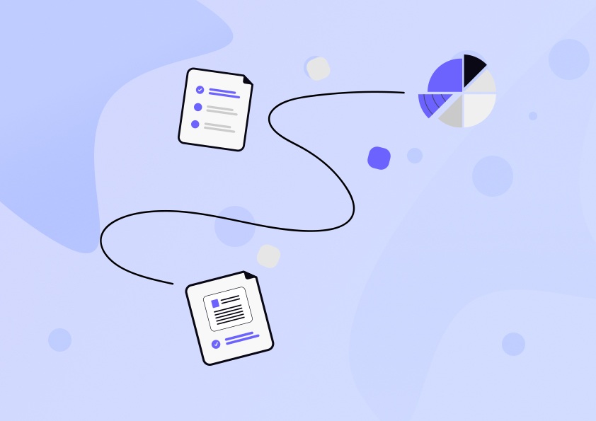 Connected documents and a chart illustrate the transition from customer context to action